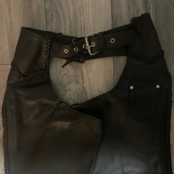 HIMALAYA MOTOR BIKE WEAR BLACK LEATHER MOTORCYCLE RIDING CHAPS 2XS-EUC - Picture 2 of 6